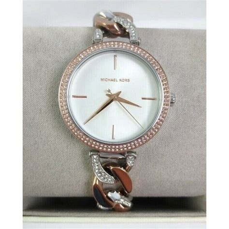 Michael kors mk4634 catelyn silver 3 hand glitz dial two tone rose .